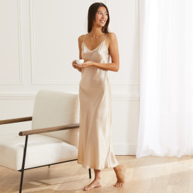 Champagne Long silk nightgown front