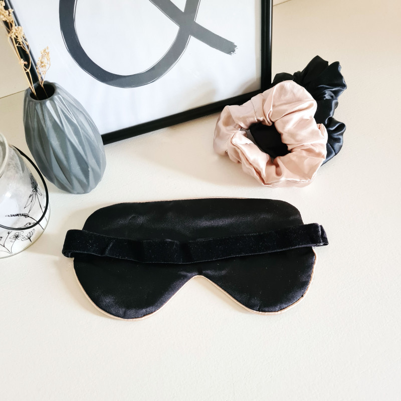 Black silk sleep eye mask with caramel piping back picture