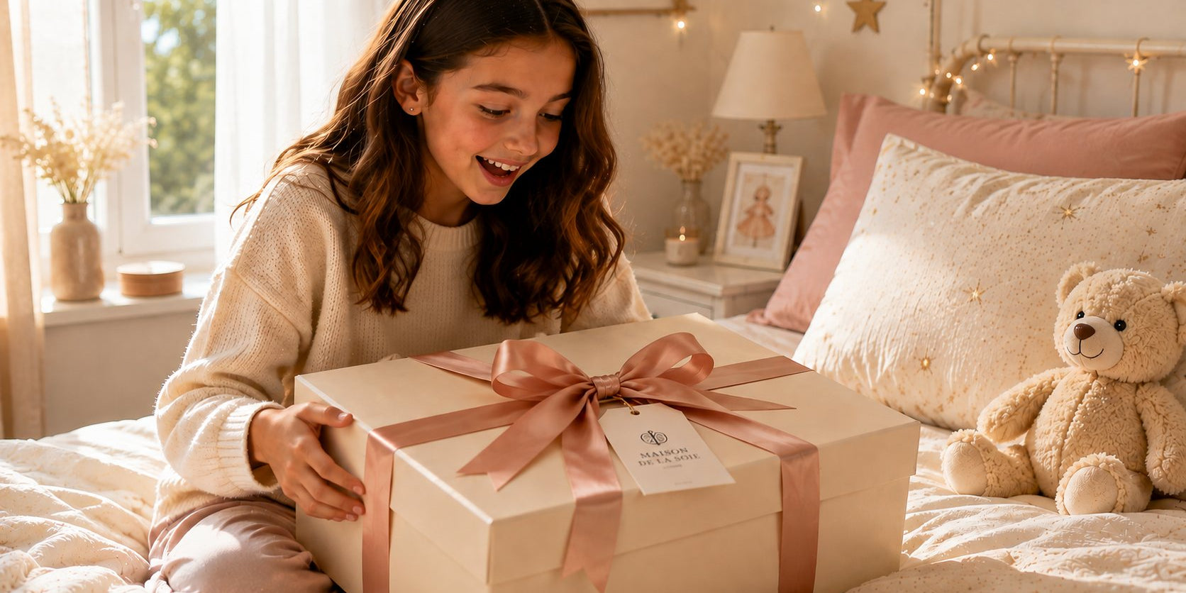 Jeune fille assise sur son lit ouvre un cadeau Maison de la soie