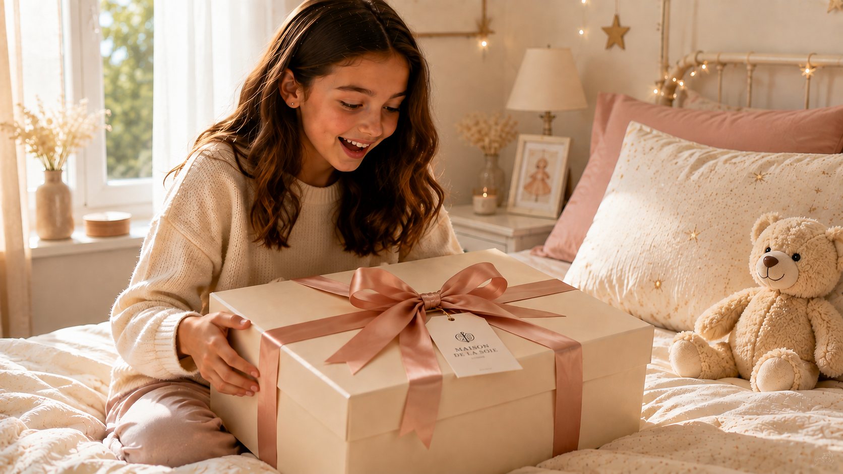 Jeune fille assise sur son lit ouvre un cadeau Maison de la soie