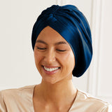 Bonnet de nuit turban en soie Bleu marine déclassé - MS790